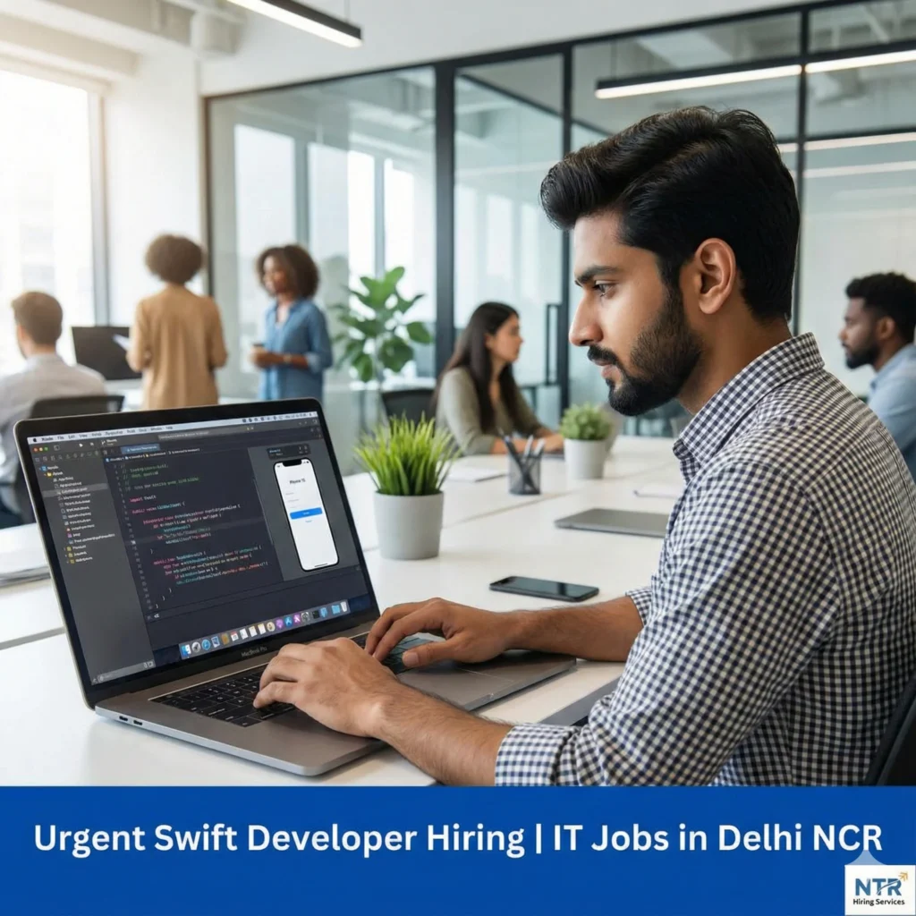 Swift Developer working on iOS application code in modern IT office for job hiring in Delhi NCR by NTR Hiring Services.