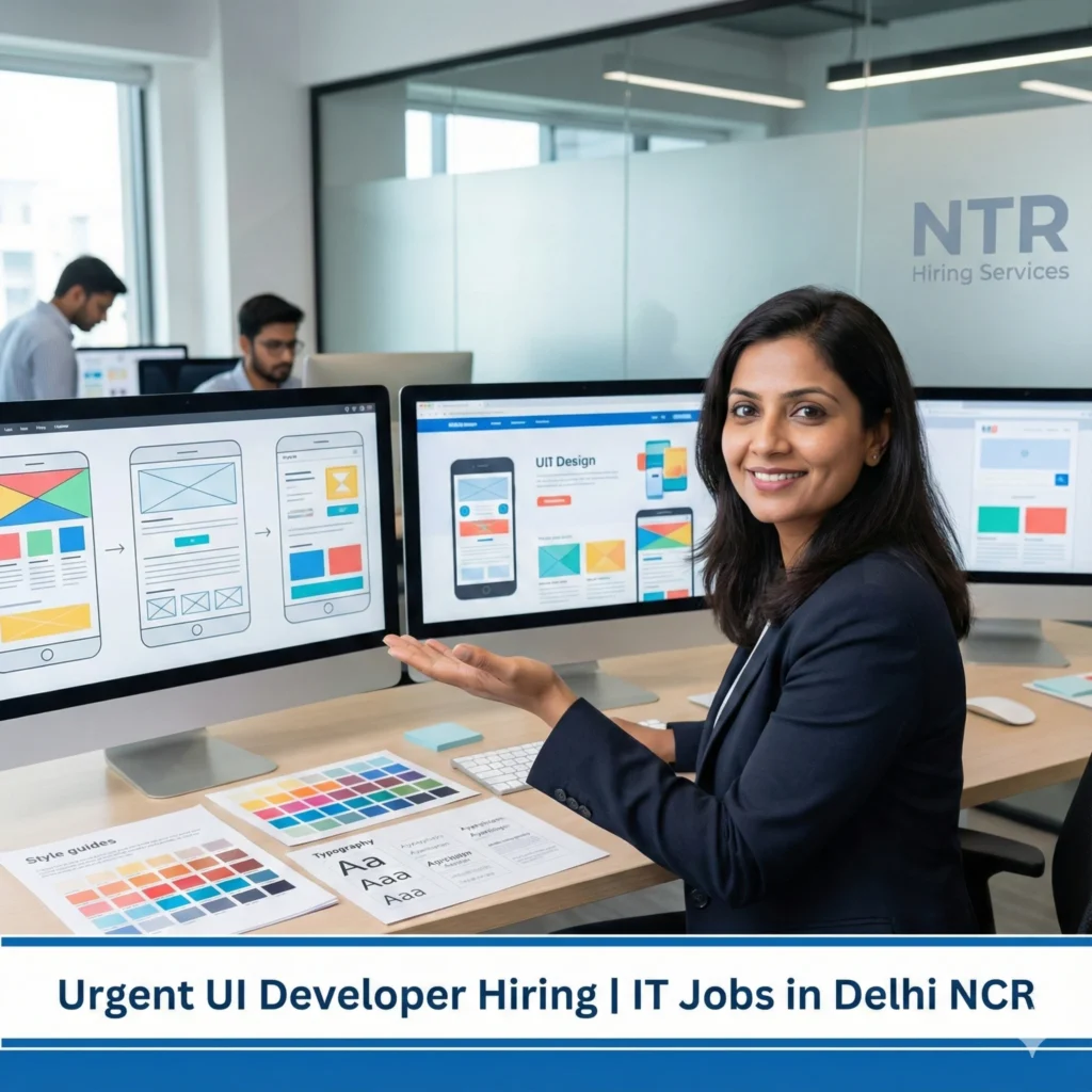 Professional HR welcoming gesture representing UI Developer job hiring in Delhi NCR by NTR Hiring Services.
