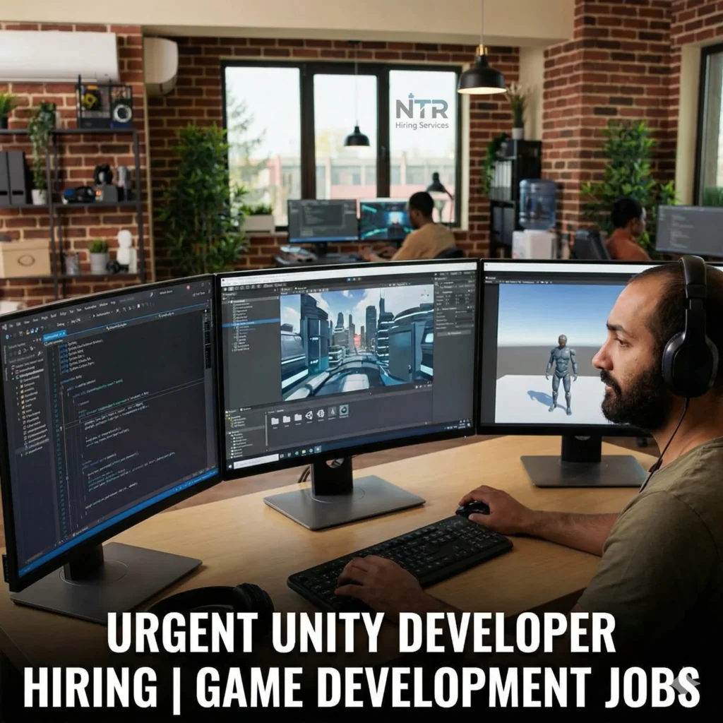 Professional Unity Developer working on Unity engine projects for game development jobs by NTR Hiring Services.