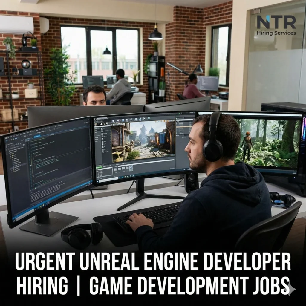 Professional Unreal Engine Developer working on Unreal Engine projects for game development jobs by NTR Hiring Services.