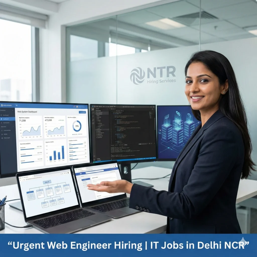 Professional HR welcoming gesture representing Web Engineer job hiring in Delhi NCR by NTR Hiring Services.