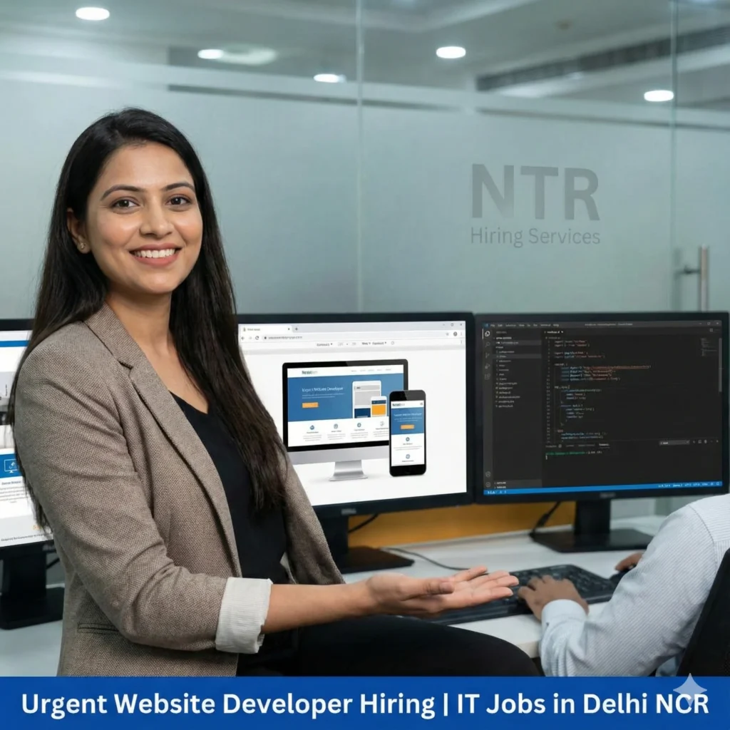 Professional HR welcoming gesture representing Website Developer job hiring in Delhi NCR by NTR Hiring Services.