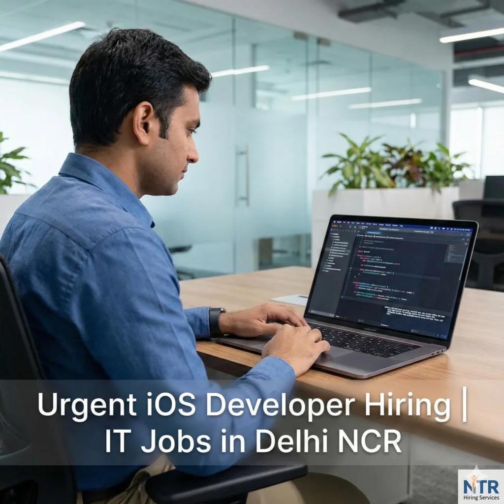 iOS Developer working on Swift code in modern IT office for iOS developer job hiring in Delhi NCR by NTR Hiring Services.