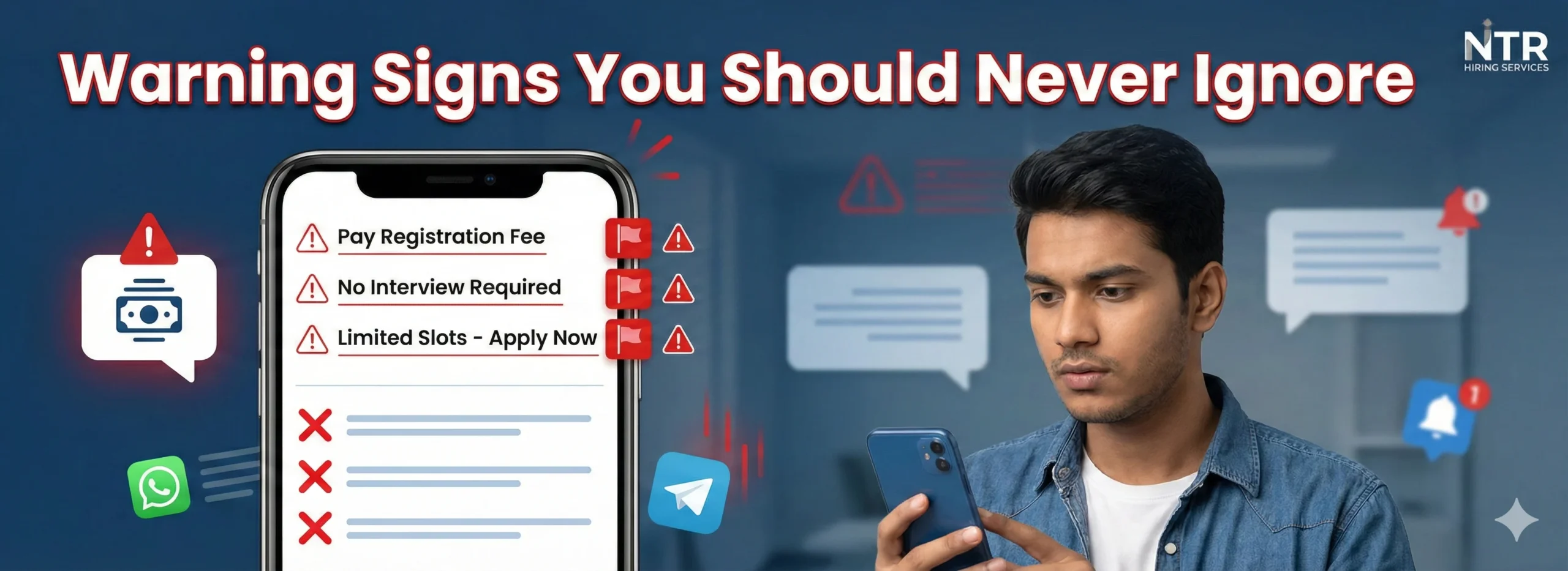 Visual showing warning signs of fake online jobs, including payment requests and no-interview offers seen by a job seeker.