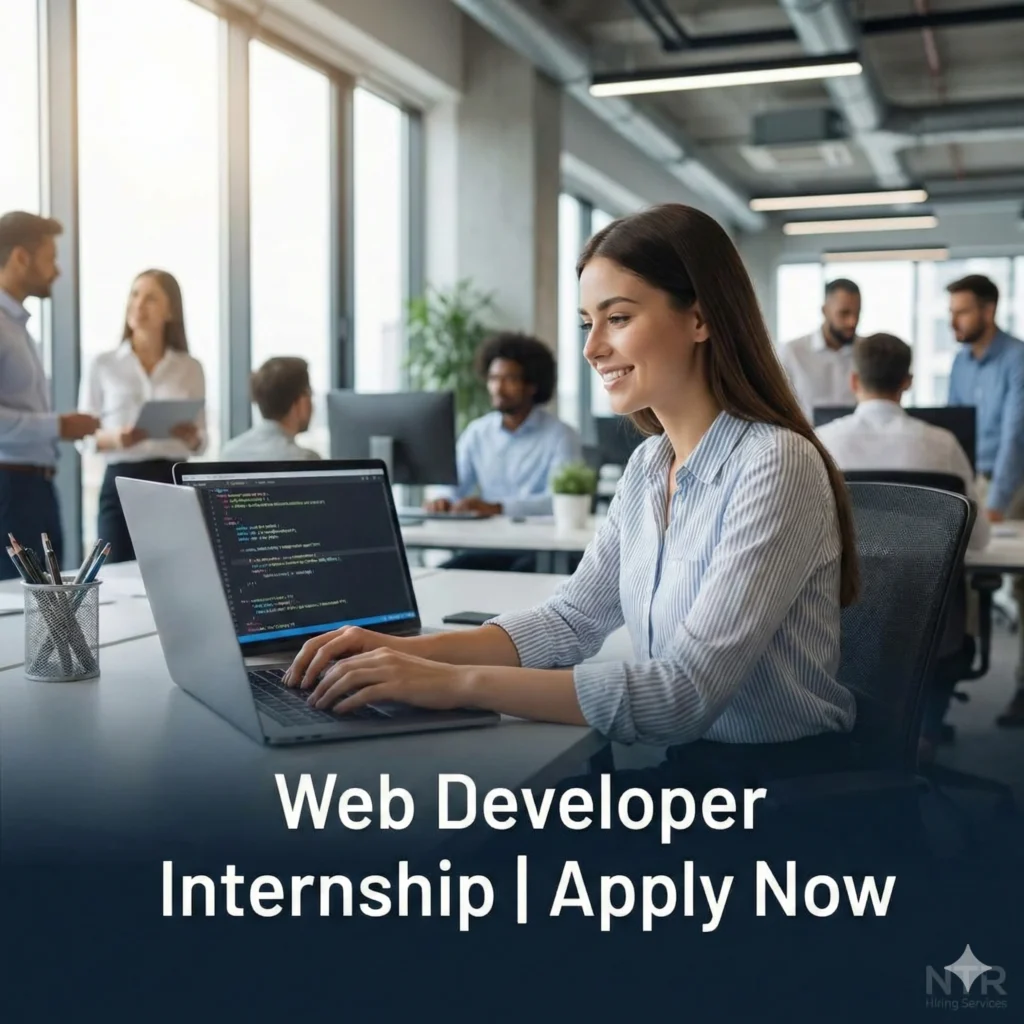 Web developer intern working on a laptop representing web developer internship opportunities by NTR Hiring Services