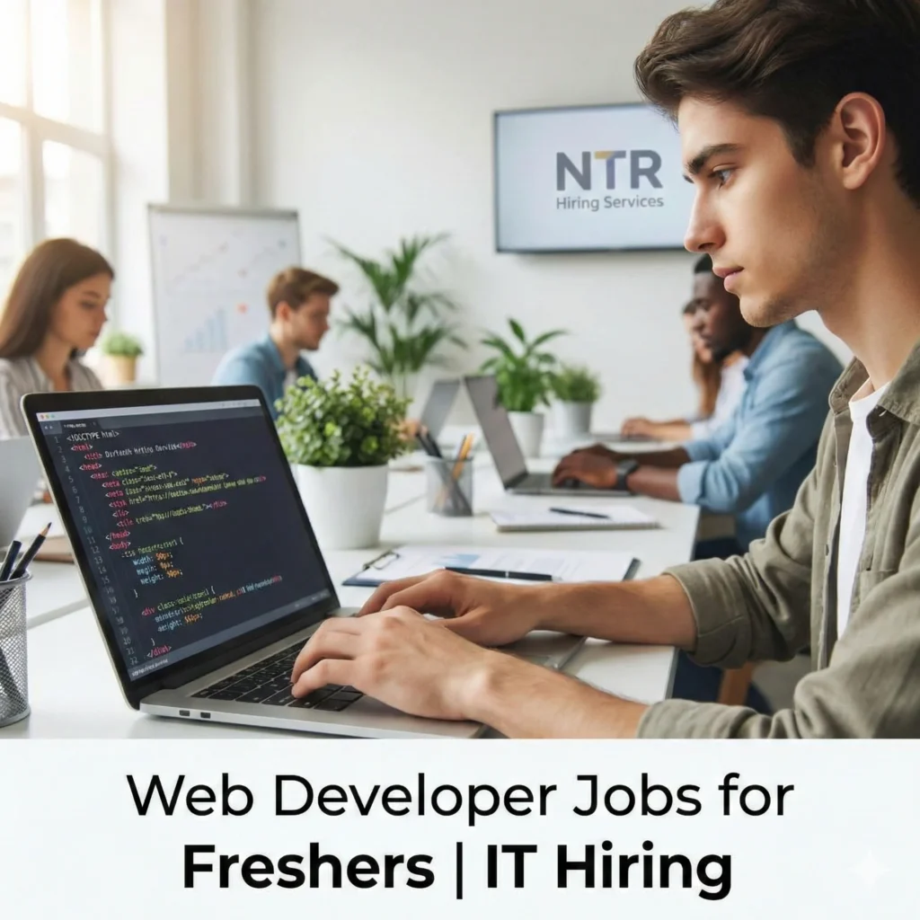 Fresher web developer working in a professional IT environment representing web developer jobs for freshers by NTR Hiring Services.