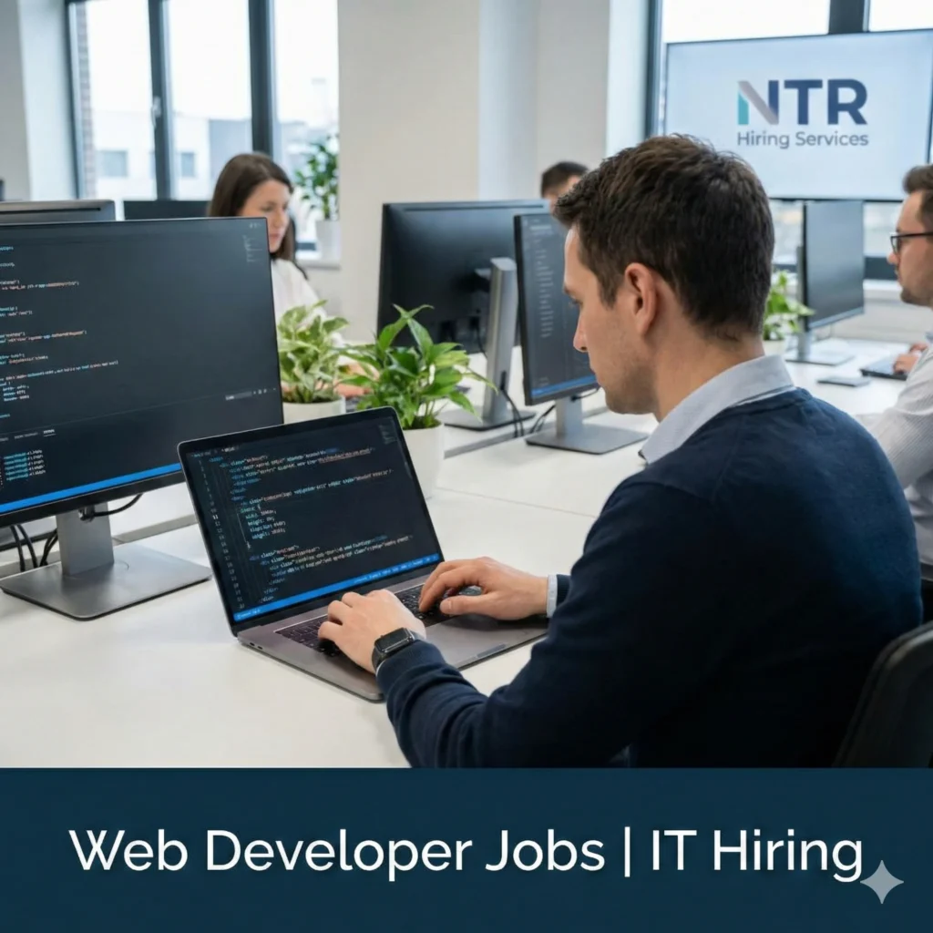 Web developer working in a professional IT environment representing web developer jobs by NTR Hiring Services.