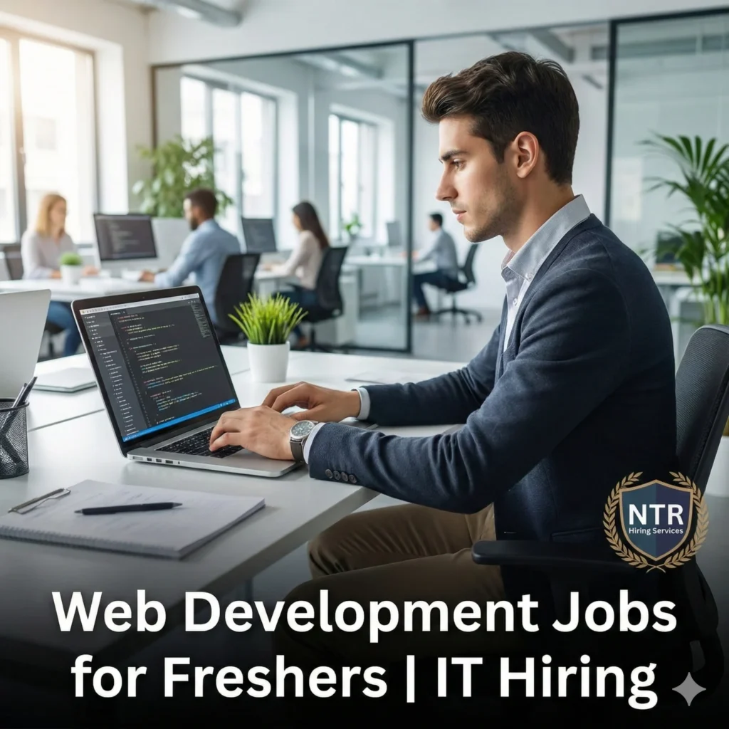 Fresher web developer working in an IT office representing web development jobs for freshers by NTR Hiring Services