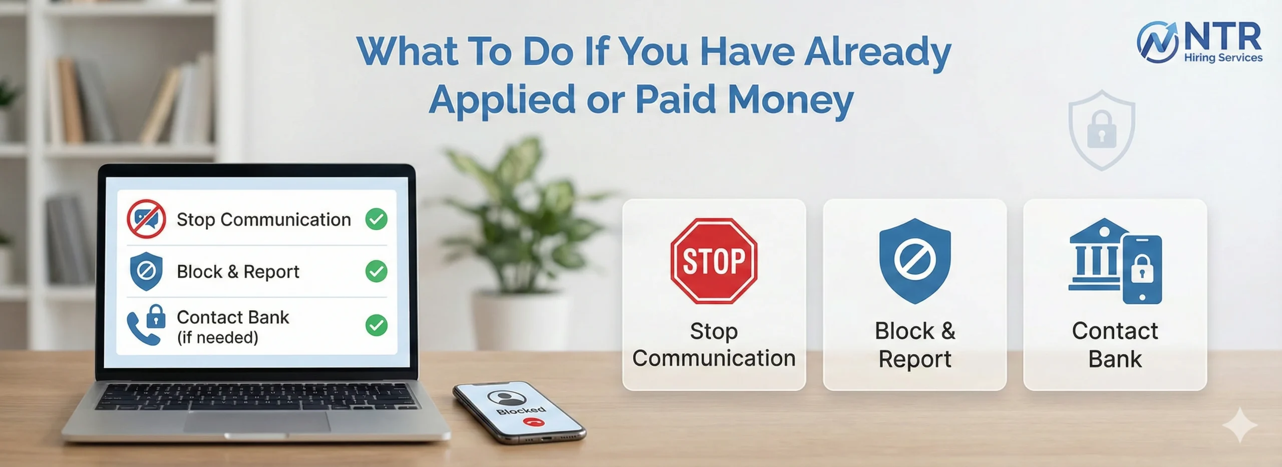 Visual showing steps to take after falling for an online job scam, including blocking contacts, reporting, and protecting personal information.