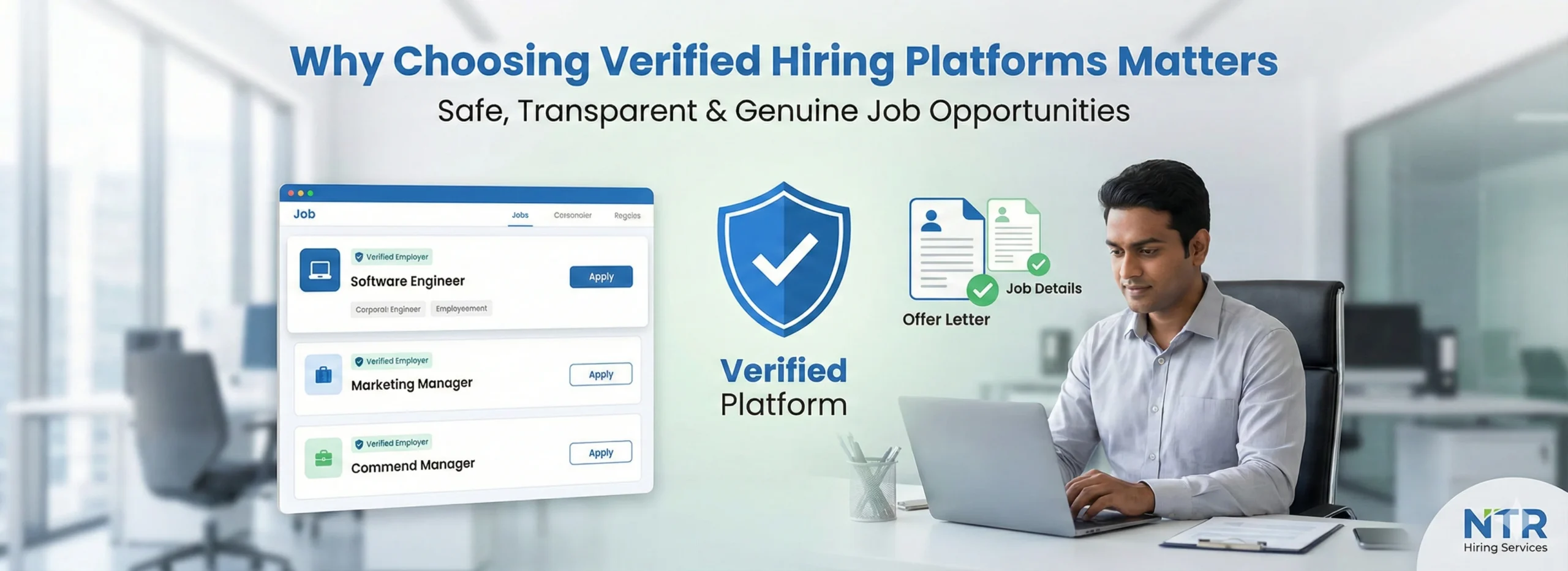 Visual showing a job seeker using a verified hiring platform with trusted employer badges and secure job listings.