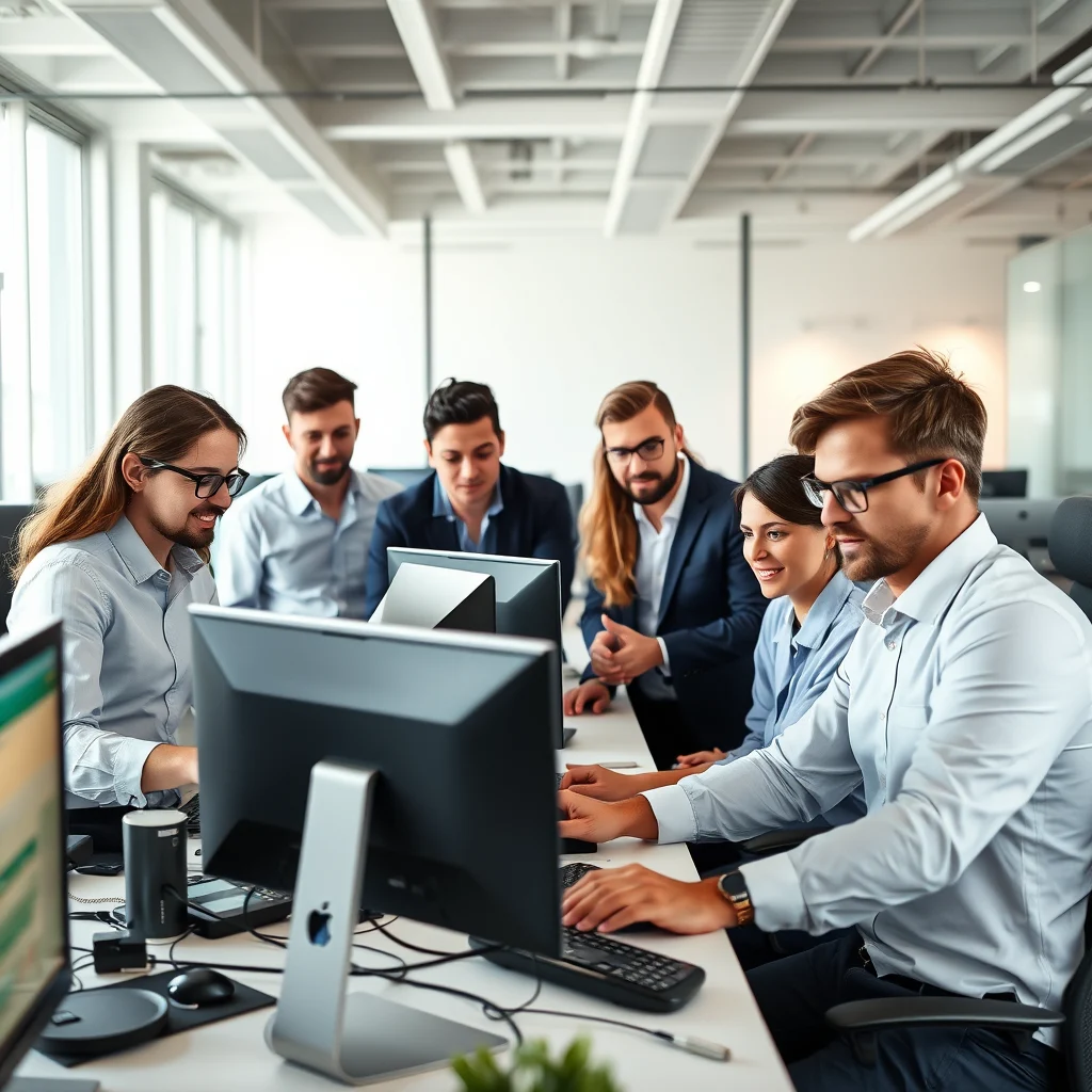 Professionals collaborating in a modern office to hire ReactJS developer