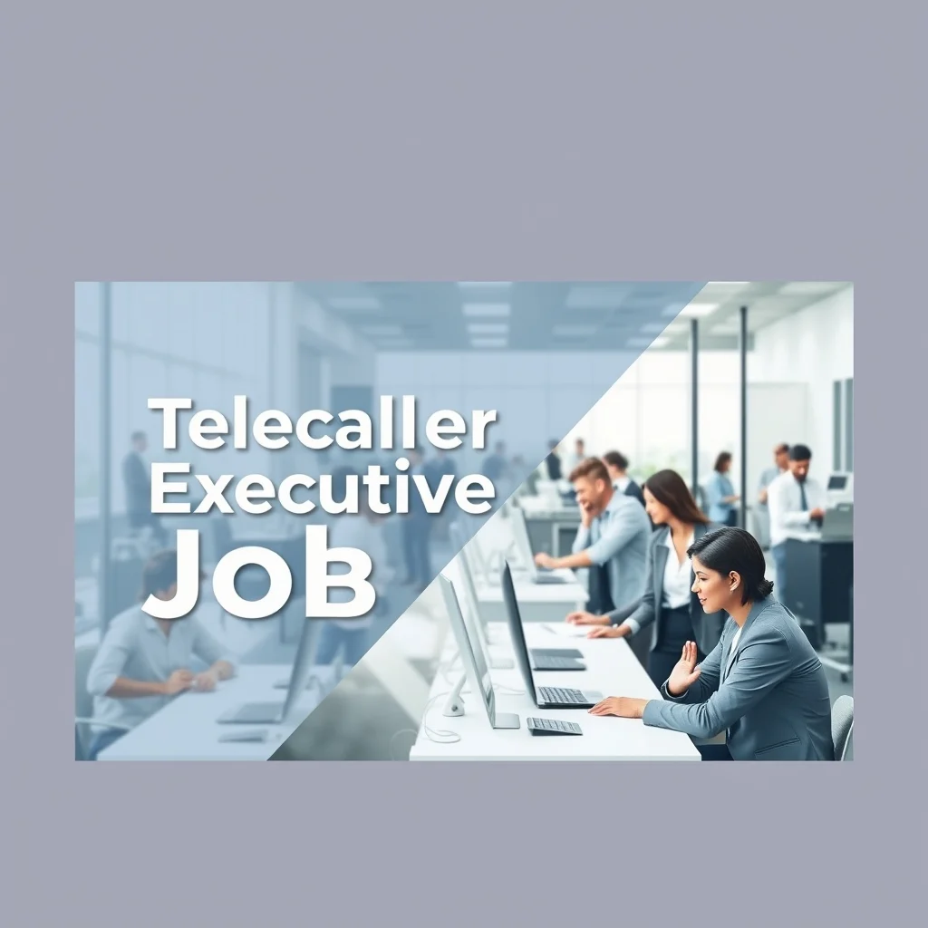 Telecaller Executive Job opening banner, professionals taking calls in a modern office environment.